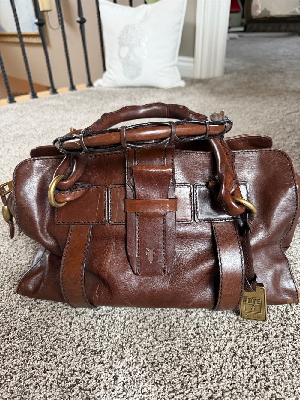 Frye Brown Leather Satchel with Brass Accents Beautiful and very rare vintage